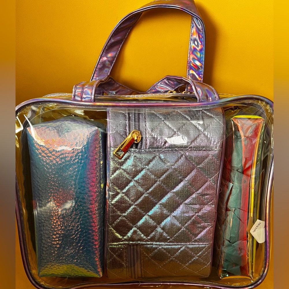 COSMETIC BAG zipper case set 4 pc satchel plus zip top bags iridescent combo NEW - Picture 6 of 9